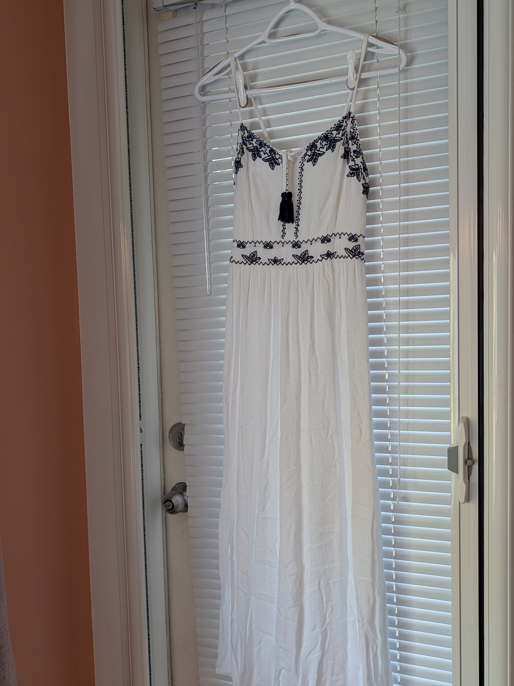 White Embroidered Maxi Dress with Navy Details